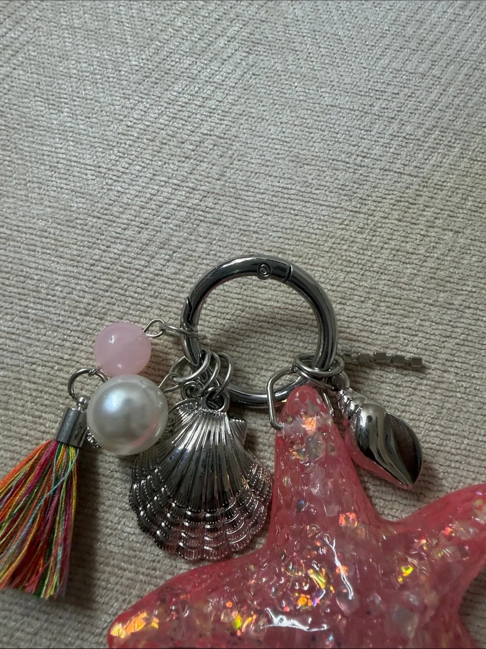 Pink Iridescent Starfish bag charm with Shell Charms